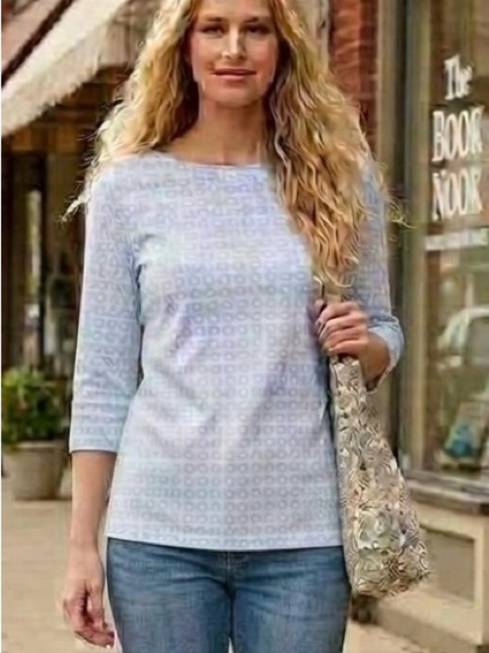 croft & barrow Light Blue Geometric Boatneck Three-Quarter Sleeve Top
